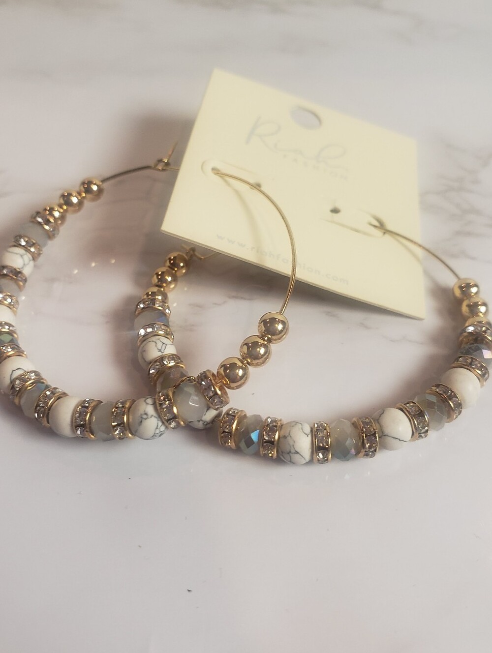 Riah Fashion Large Gold Hoop Earrings with White & Gold  Beaded Accents NWT